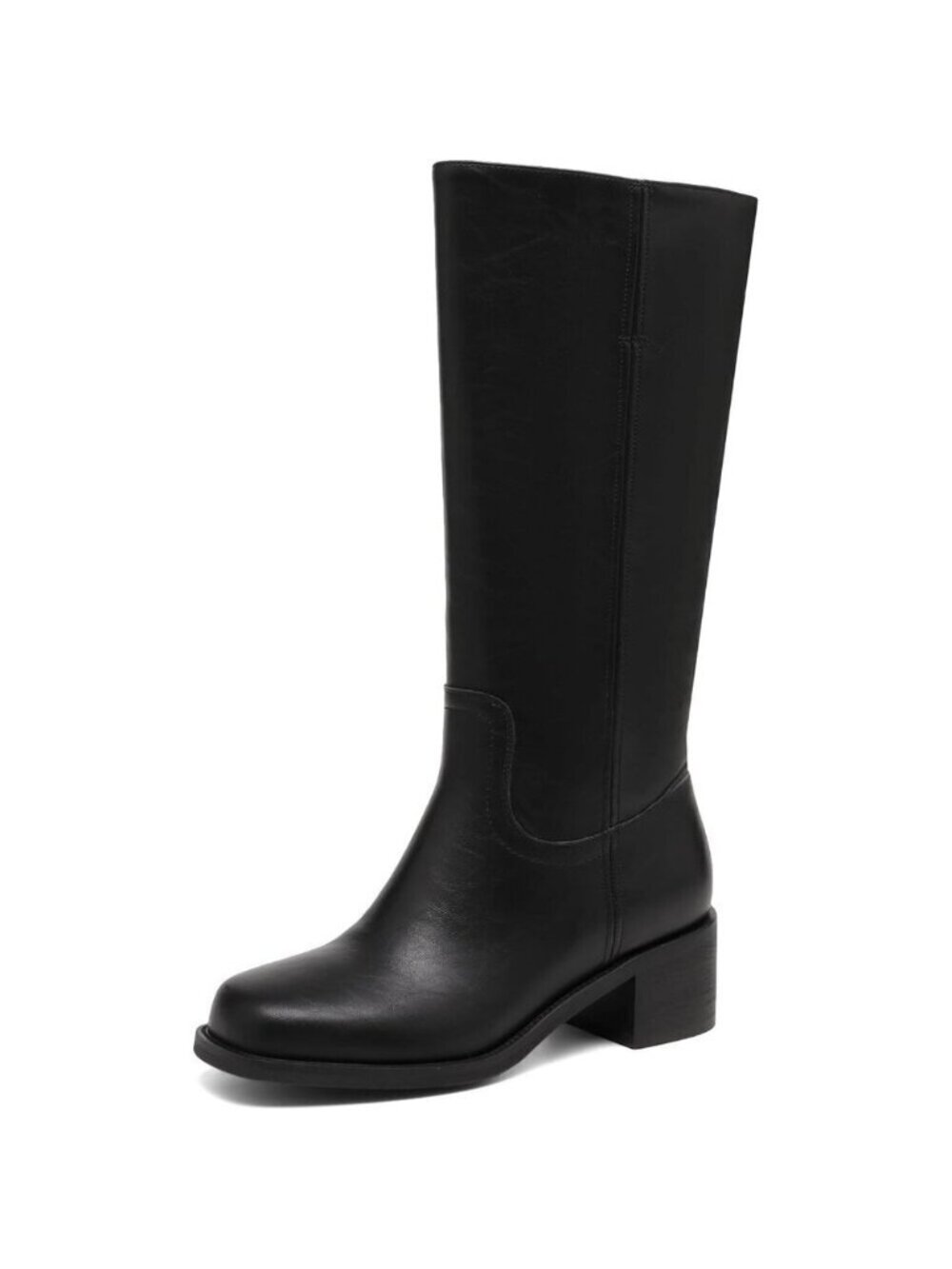 Women's Black Knee High Boots Square Toe Chunky Block Heel Long Boots